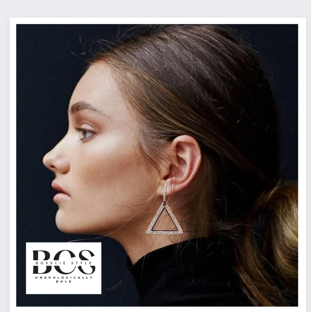 Gun Metal Gray Rhinestone Triangle Dangle Bling Pierced Earrings